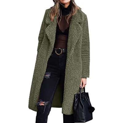 Women's Fuzzy Fleece Lapel Open Front Long Cardigan Coat